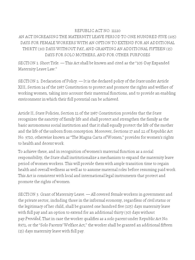 Ra 11210 Expanded Maternity Leave | PDF | Parental Leave | Childbirth