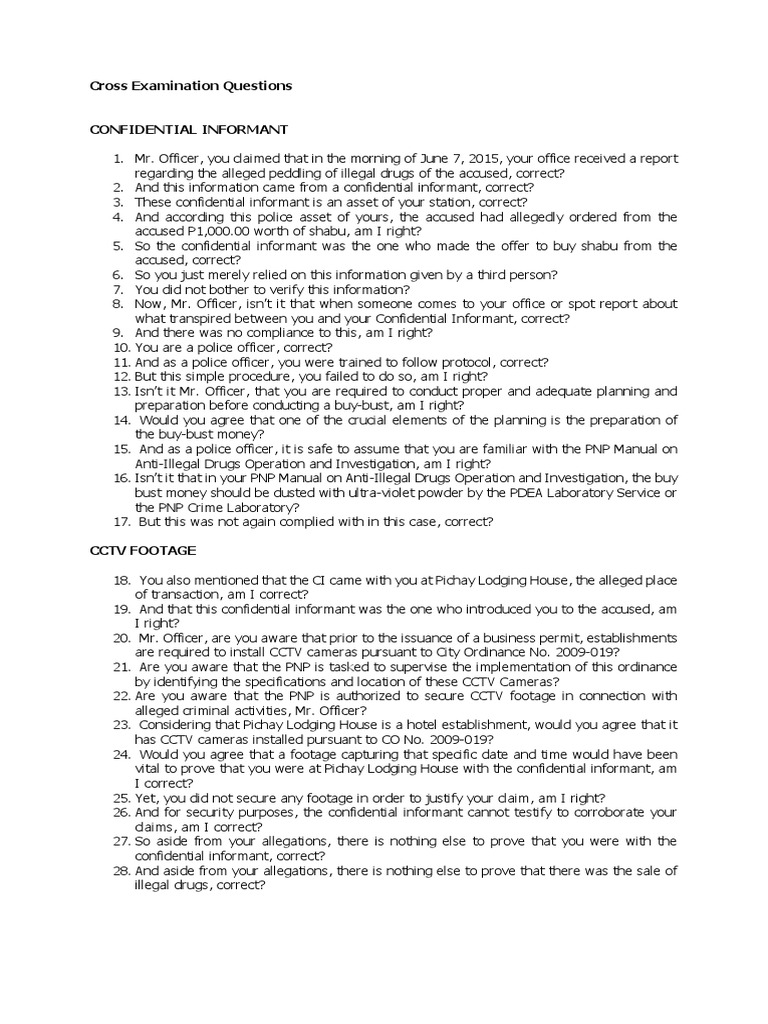 Cross Examination Questions (Agarma) PDF Closed Circuit Television Informant