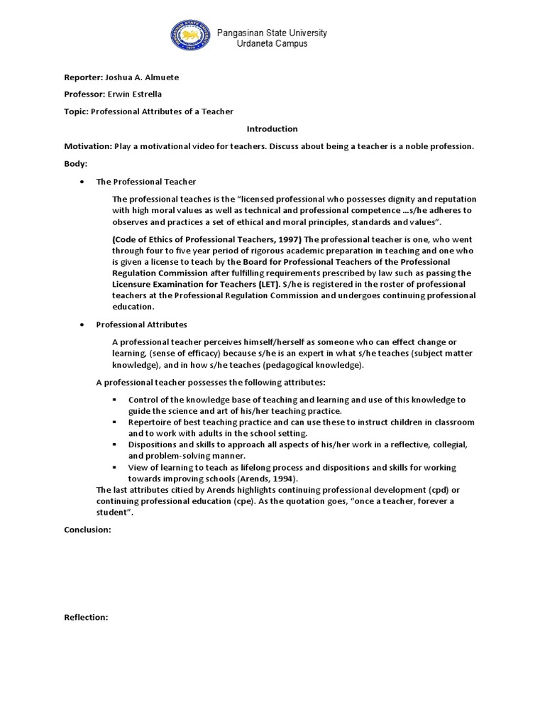 Personal And Professional Attributes Of A Teacher Pdf