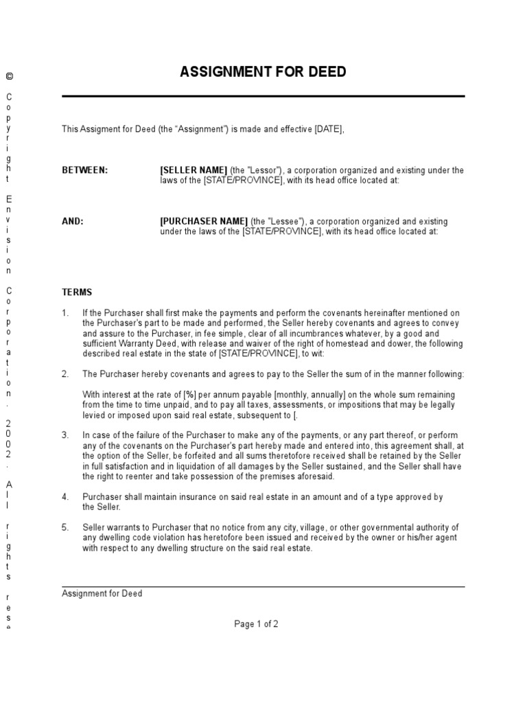 Assignment For Deed | PDF | Covenant (Law) | Copyright
