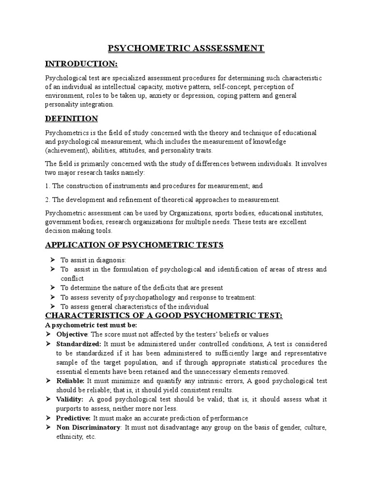 Psychometric Assessment Overview | PDF | Wechsler Adult Intelligence ...