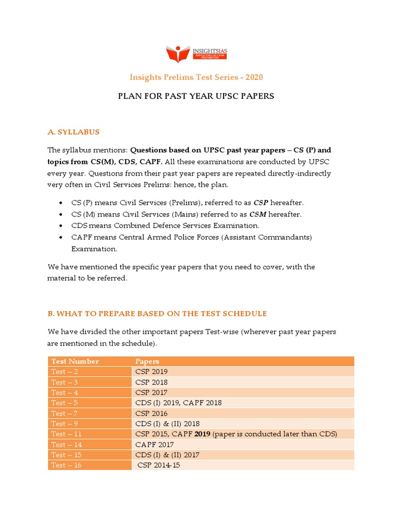 Plan For Past Year Upsc Papers: Insights Prelims Test Series - 2020 ...