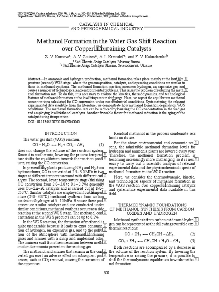 Methanol Formation in The Water Gas Shift Reaction Over Copper ...