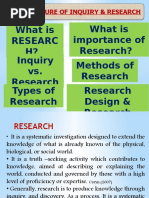 What Is Researc H? What Is Importance of Research? Inquiry vs. Research Methods of Research Types of Research Research Design & Research Method?