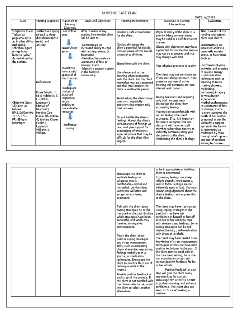 Nursing Care Plan: DATE: 6/27/19 | PDF | Coping (Psychology) | Social ...