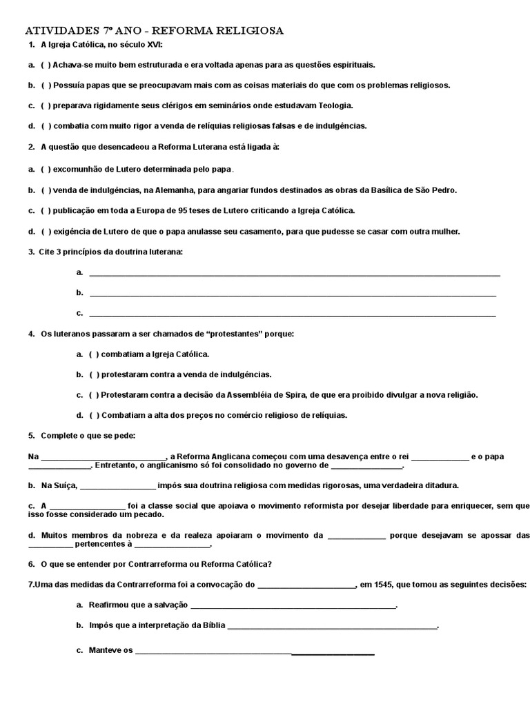 2014 Atividades 7º Ano Reforma | PDF | Contrarreforma | Luteranismo