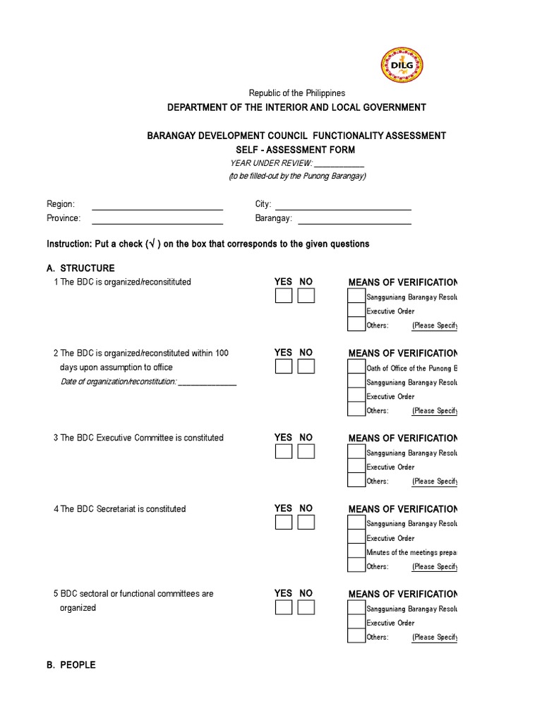 Barangay Development Council Functionality Assessment Annexes Forms
