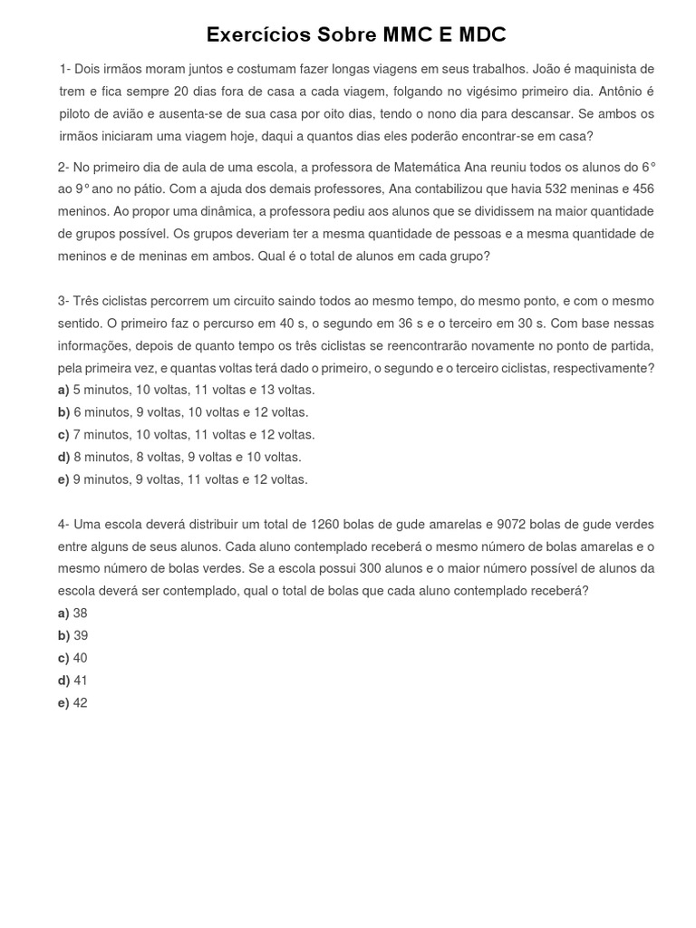 Exercícios Sobre MMC E MDC - Aluno | PDF | Tempo | Natureza