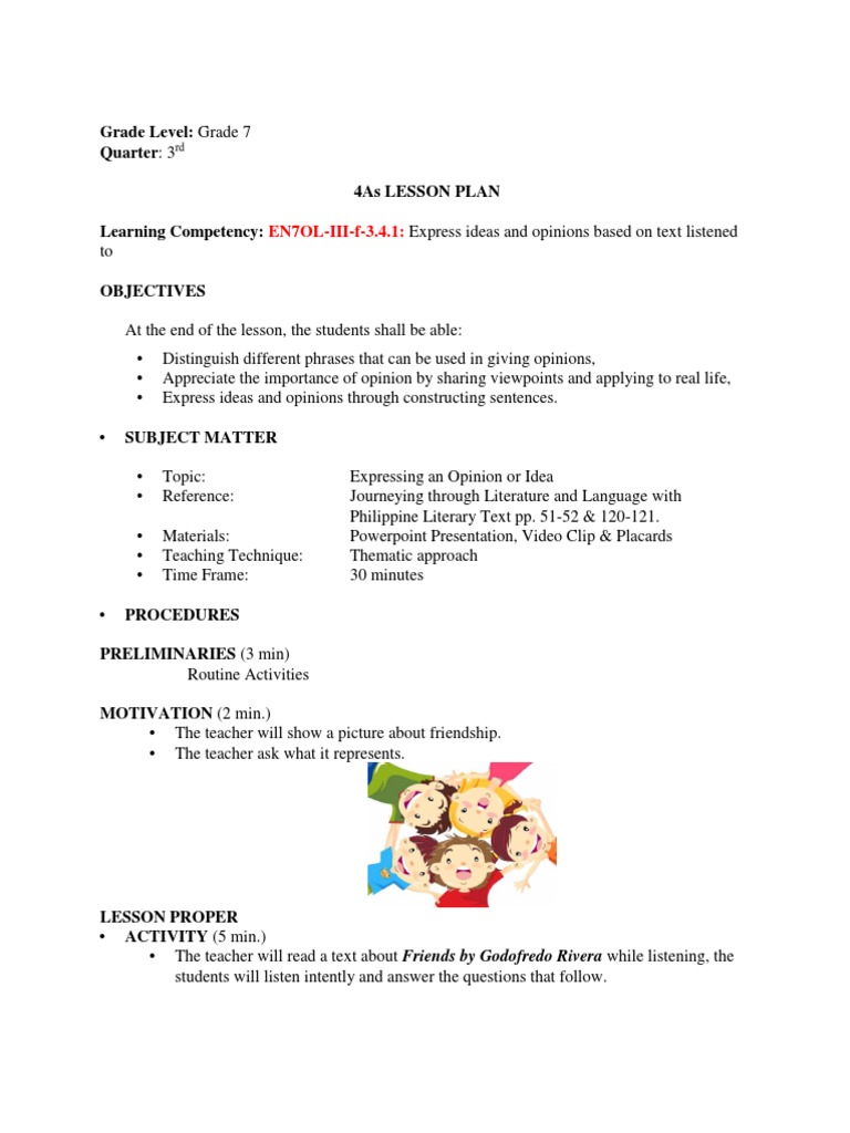 Grade Level: Grade 7 Quarter: 3 4as Lesson Plan Learning Competency ...