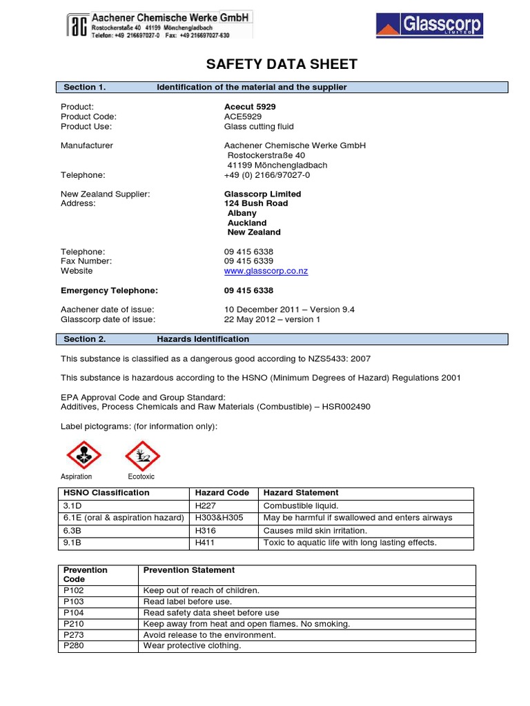 Acecut 5929 Safety Data Sheet | PDF | Toxicity | Dangerous Goods