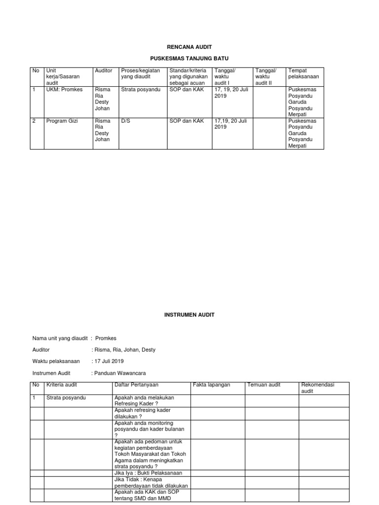 Rencana Audit Puskesmas Tanjung Batu | PDF