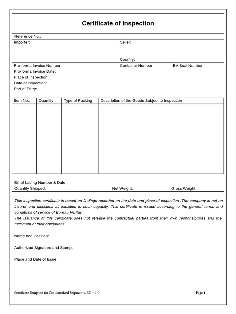 Certificate Of Inspection Template
