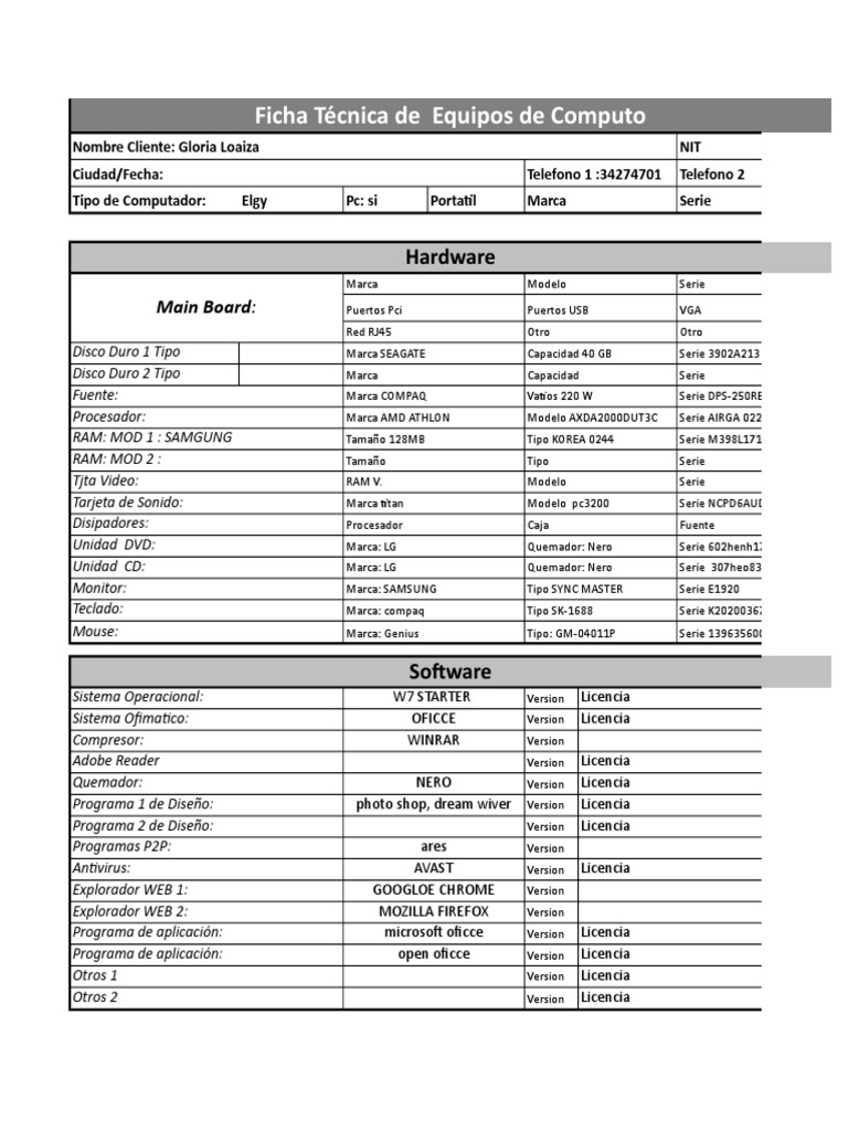 Ficha Técnica de PC | PDF | Internet | Hardware de la computadora