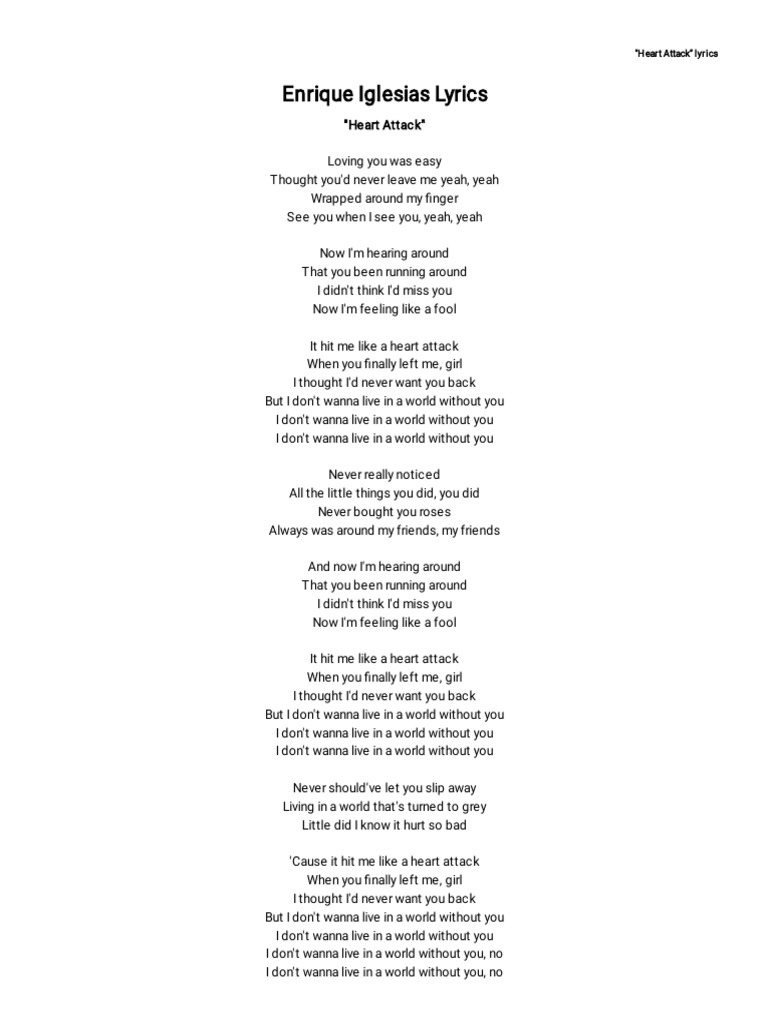 Enrique Iglesias Heart Attack Lyrics Azlyrics Com Pdf