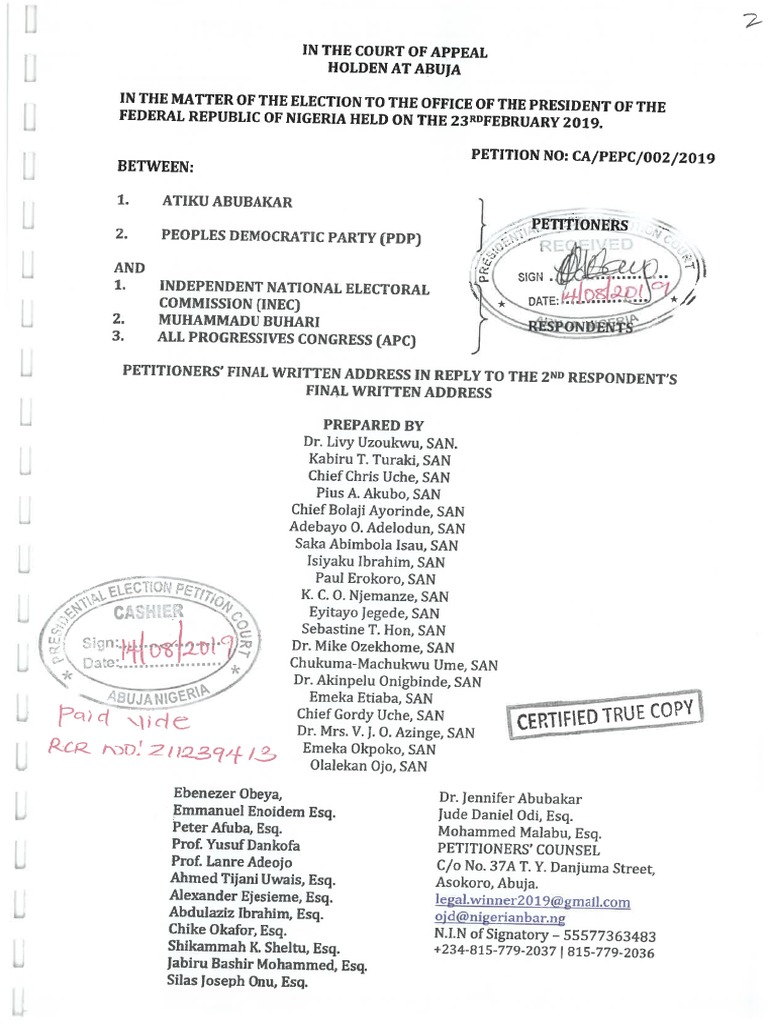 Petitioners Final Written Address Atiku Vs Buhari Tribunal Case | PDF