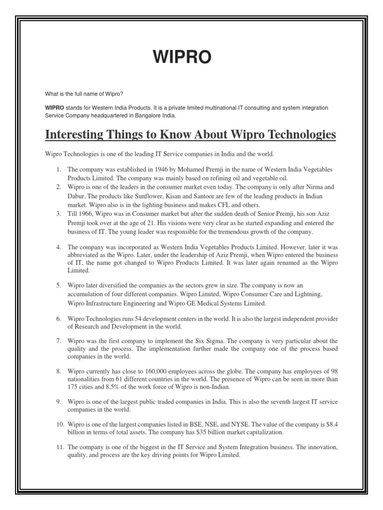 Wipro Interesting Things To Know About Wipro Technologies PDF