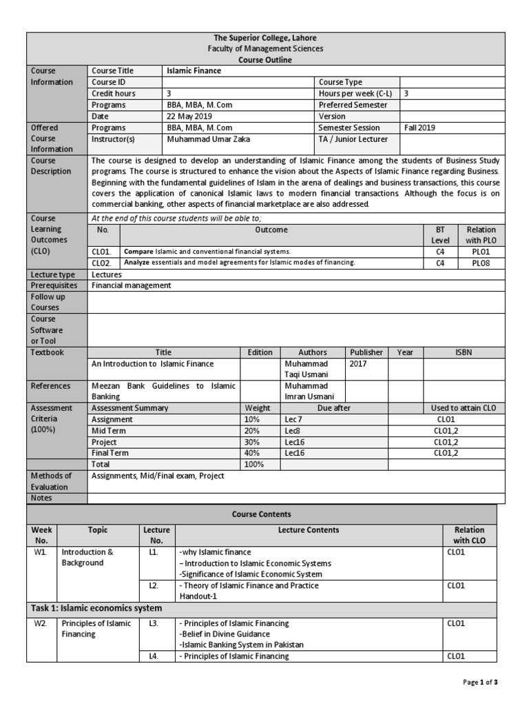 Islamic Finance Course Outline | PDF | Islamic Banking And Finance ...