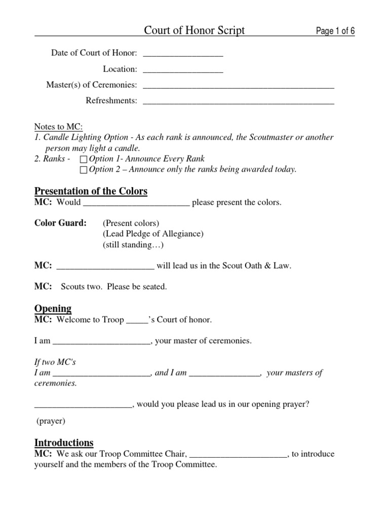 Sample Court of Honor Script | PDF | Youth Movements | Scouting