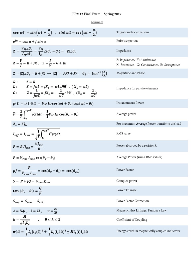 Formula Sheet For Final Exam PDF Inductance Electrical Impedance