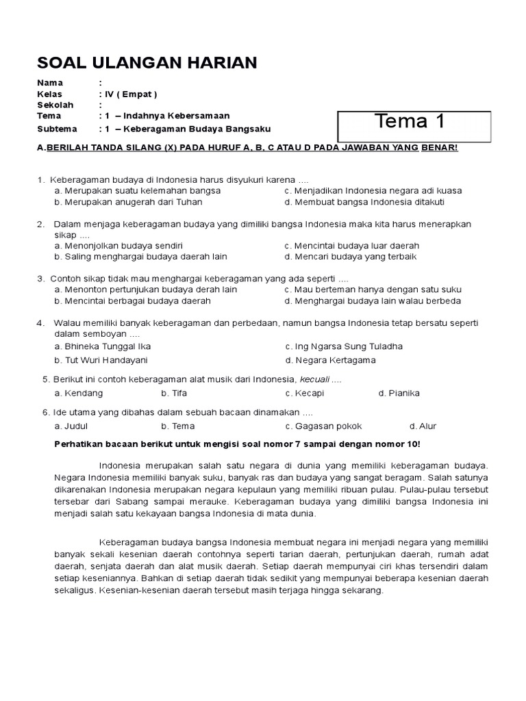 Soal K13 Kelas 4 Sd Tema 1 Subtema 1 Keberagaman Budaya Bangsaku Dan Kunci Jawaban Www Bimbelbrilian Co Pdf