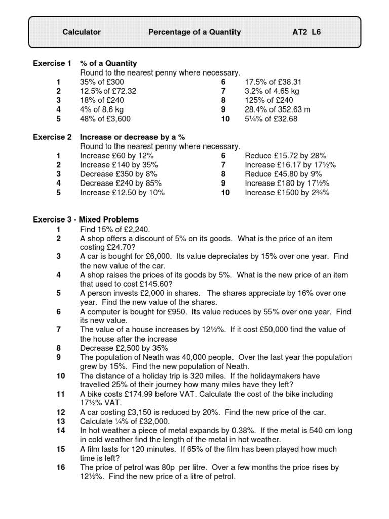 Percentage Calculations Practice | PDF | Technology & Engineering