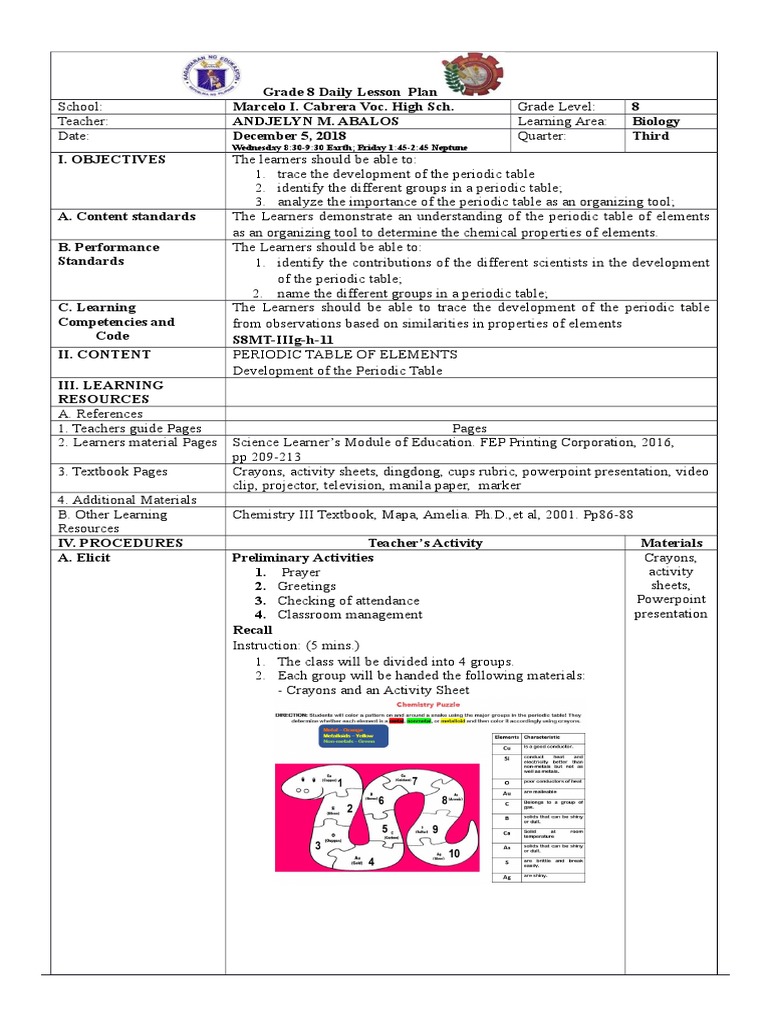 8th Grade Periodic Table Lesson Plan | PDF | Periodic Table | Atoms