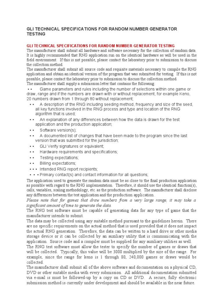 GLI RNG Testing Specifications Guide | PDF | Specification (Technical ...