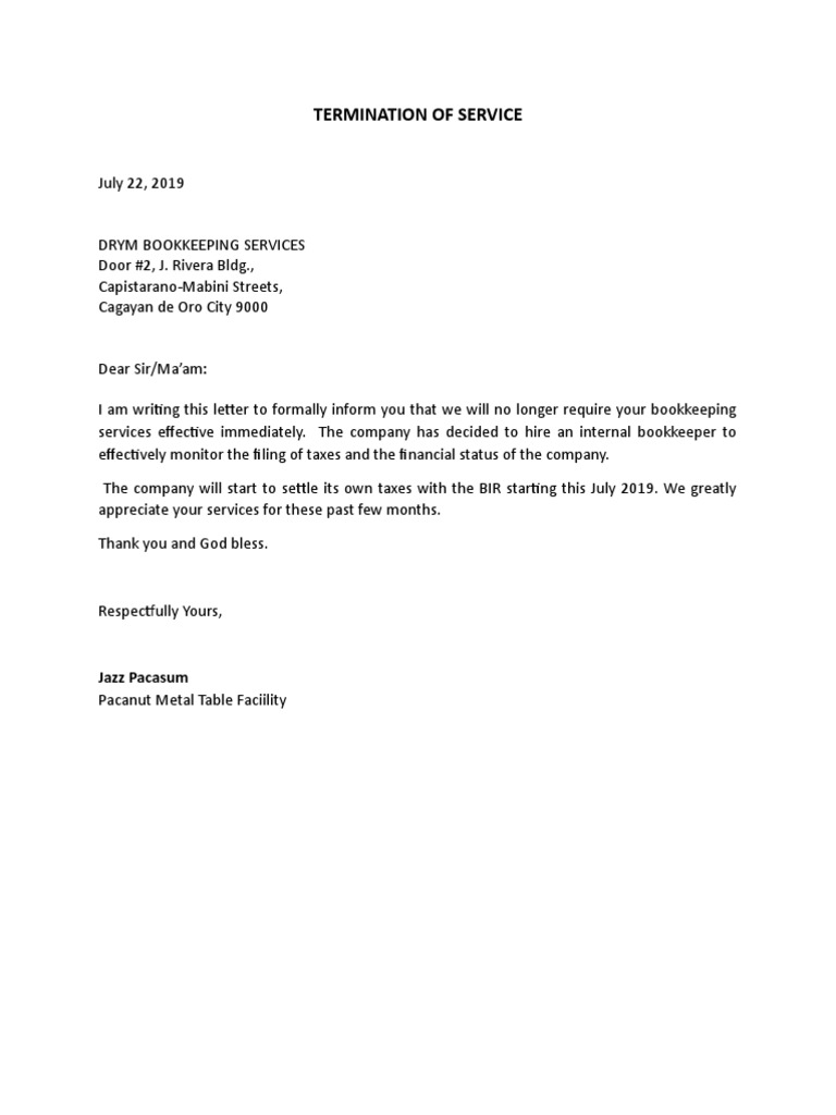 Termination of Bookkeeping Services Notice | PDF