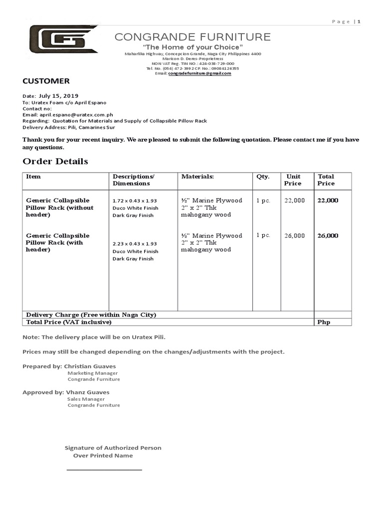 Quotation for Collapsible Pillow Rack | PDF | Business