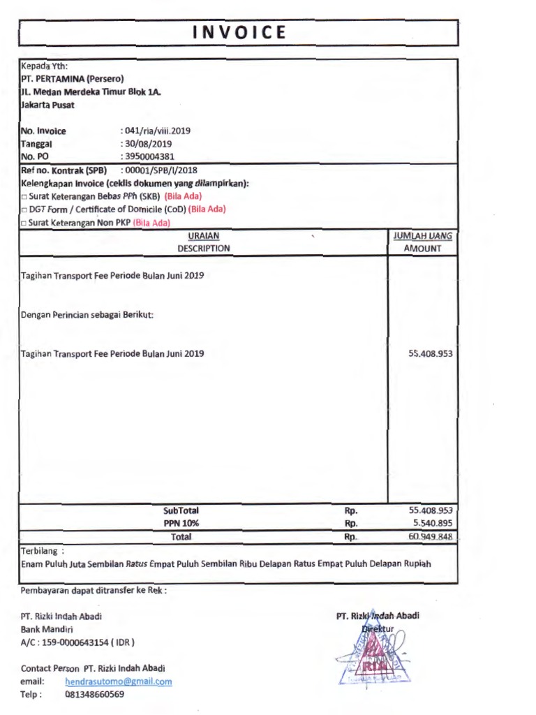 Invoice Transport PT. Pertamina 2019 | PDF | Ilmu Sosial