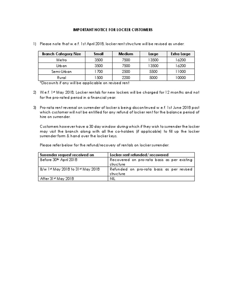 Revised Locker Rent Structure Notice | PDF | Finance & Money Management