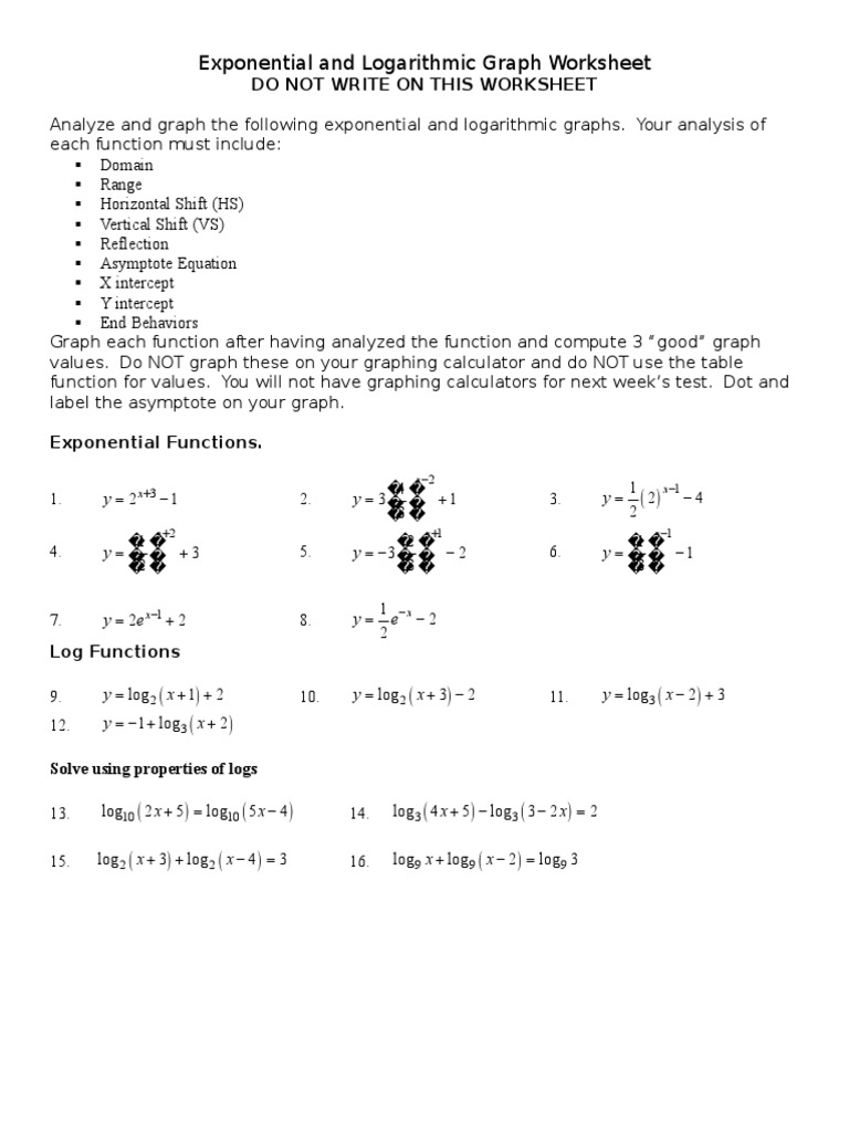 Exponential and Logarithmic Graph Worksheet: Do Not Write On This ...