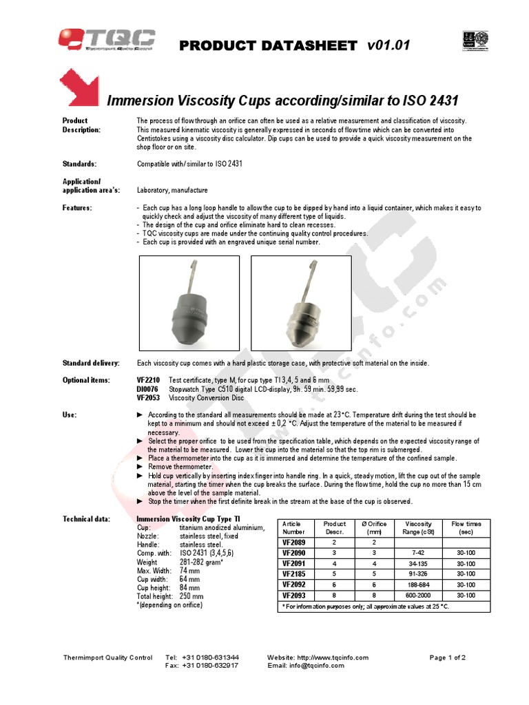 Immersion Viscosity Cups Overview | PDF | Viscosity | Nature