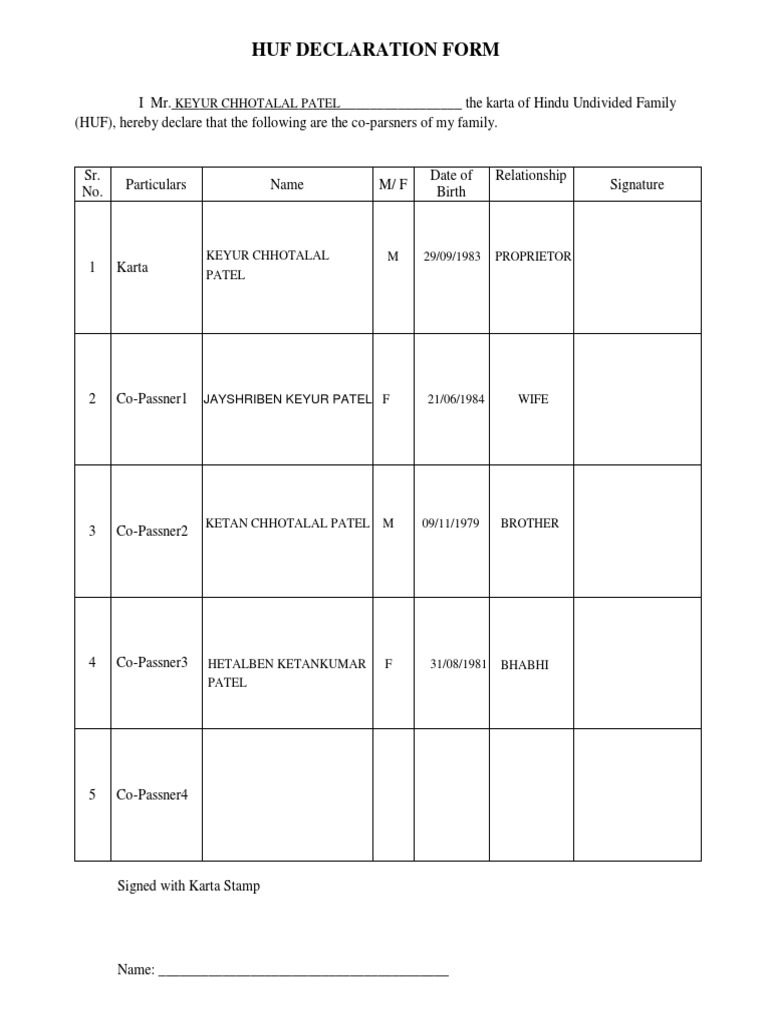 HUF Declaration Form Template | PDF