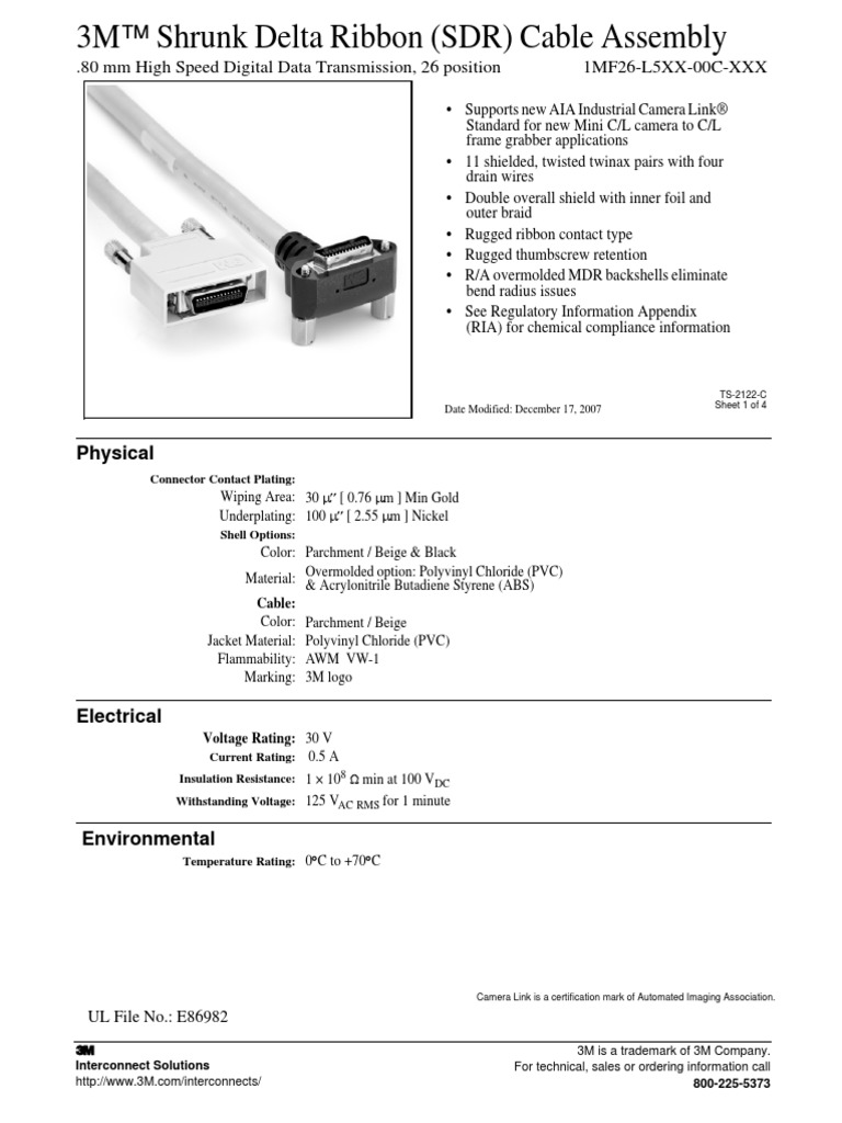3M Shrunk Delta Ribbon (SDR) Cable Assembly: .80 MM High Speed Digital ...