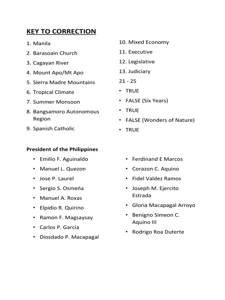 Key To Correction: President of The Philippines | PDF | Travel | Home ...