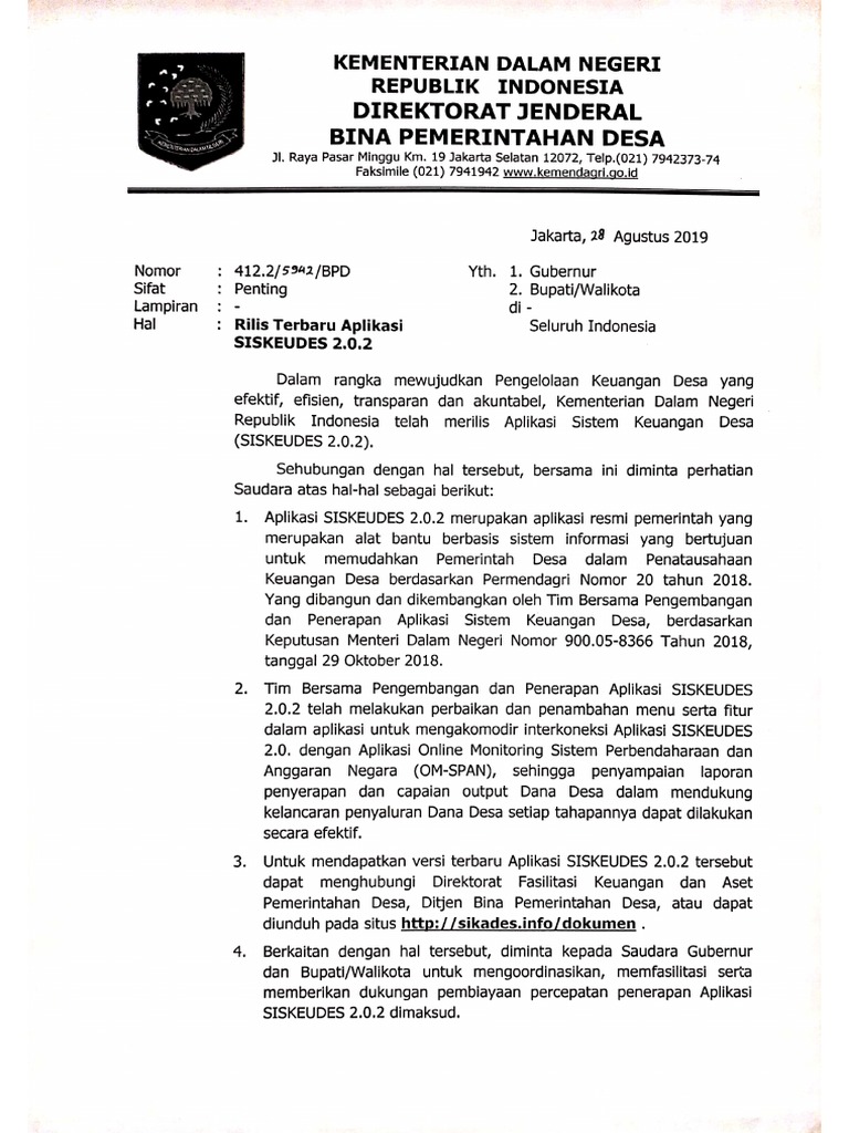Surat Rilis Siskeudes 2.0 PDF | PDF