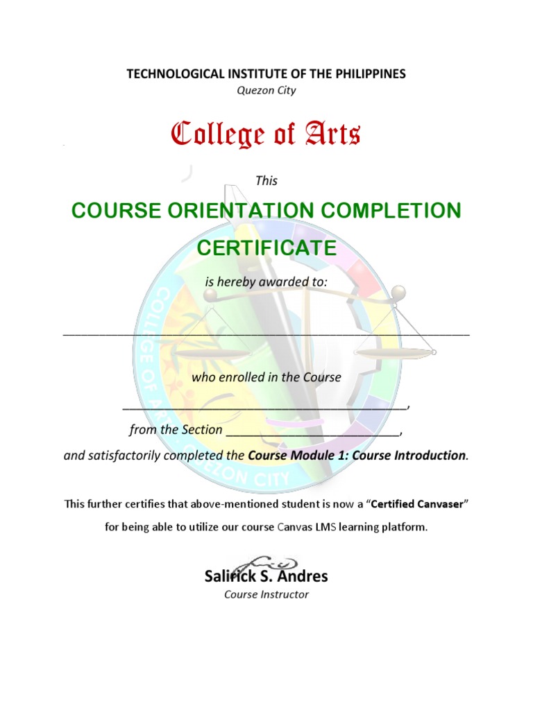 College of Arts: Course Orientation Completion Certificate | PDF