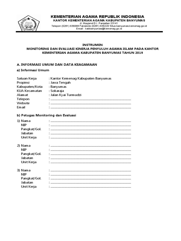 Instrumen Monev Kinerja Pai Tahun 2019 Ok Pdf