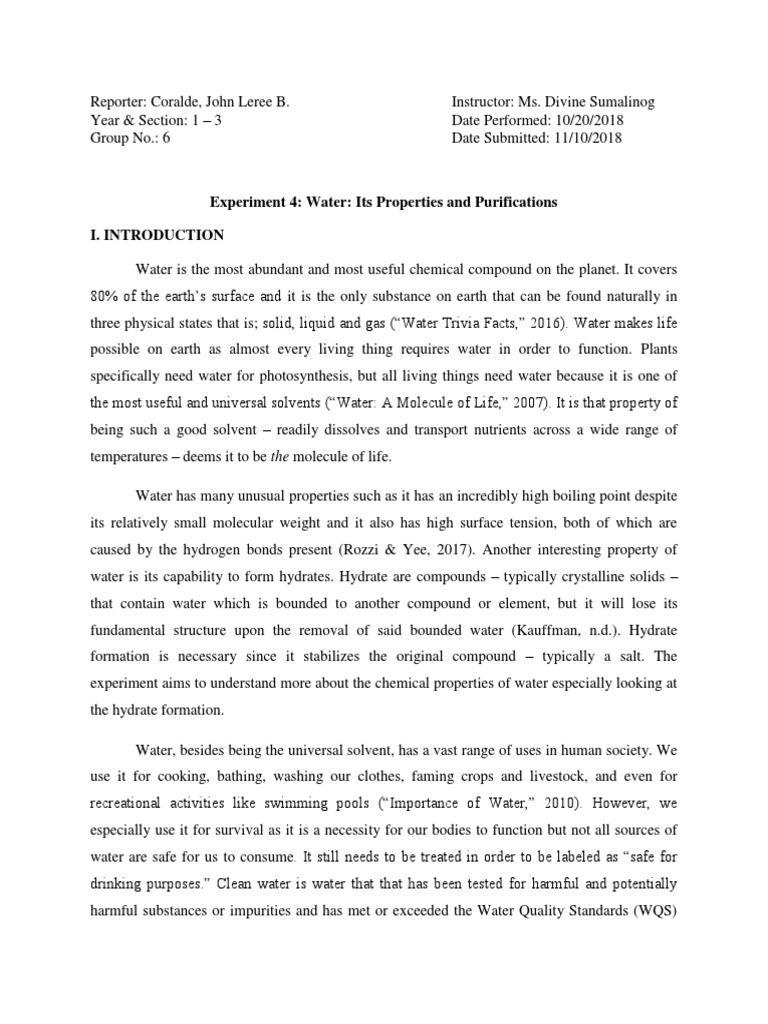 Experiment 4. Water Its Properties and Purification PDF Salt