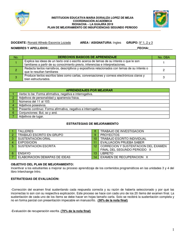 Plan De Mejoramiento 9 Segundo Periodo 2019 Prueba Evaluacion