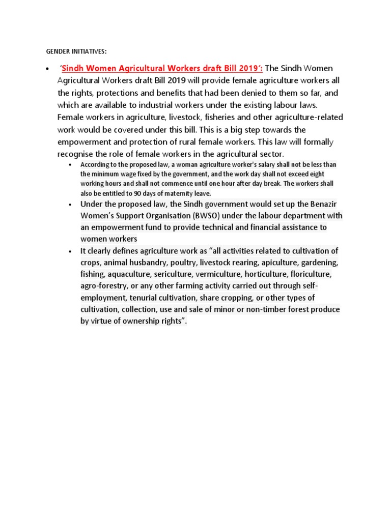Sindh Women Agricultural Workers Draft Bill 2019' | PDF