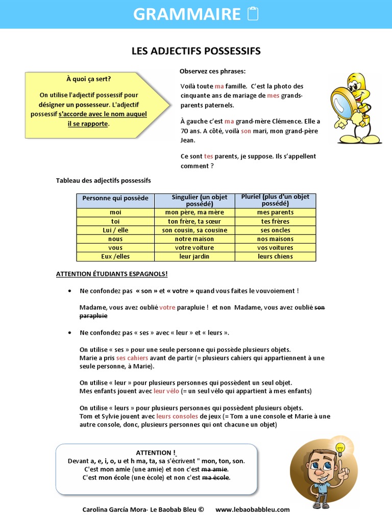 Les Adjectifs Possessifs Exercices Corrigés Les Adjectifs Possessifs Sans Corrigc3a9 | PDF | Linguistique | Grammaire