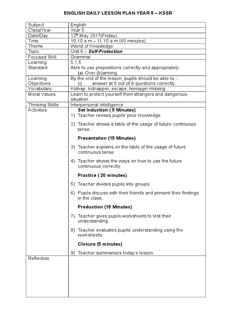 English Daily Lesson Plan Year 5 - KSSR | PDF | Lesson Plan | English ...