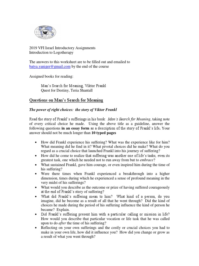 Logotherapy Worksheet Assignments | PDF | Philosophical Theories ...