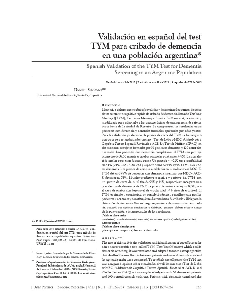 Validación del Test TYM para Demencia | PDF | Característica Operativa ...
