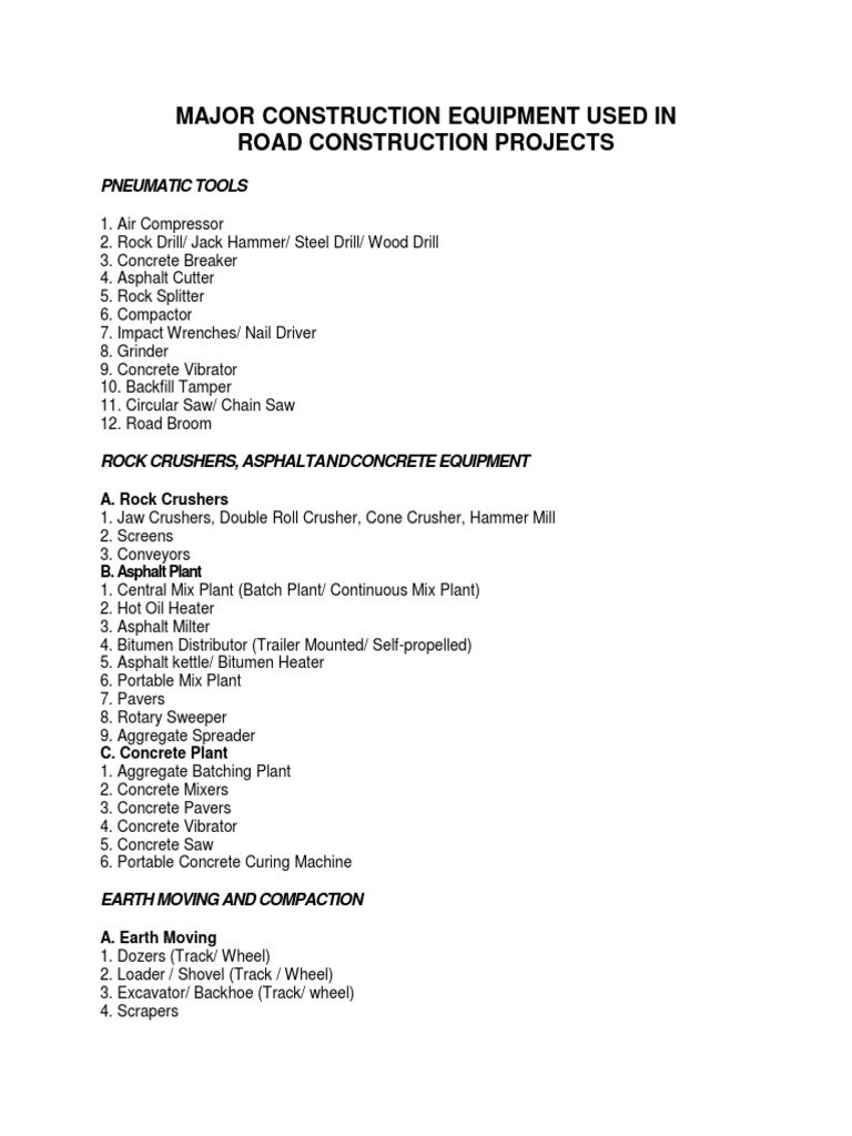 Major Construction Equipment Used in PDF