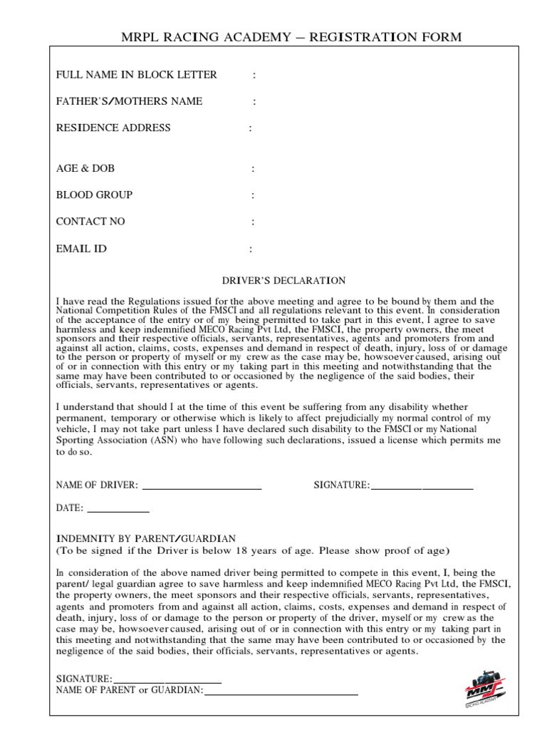 MRPL Racing Academy Registration Form | PDF | Indemnity | Private Law