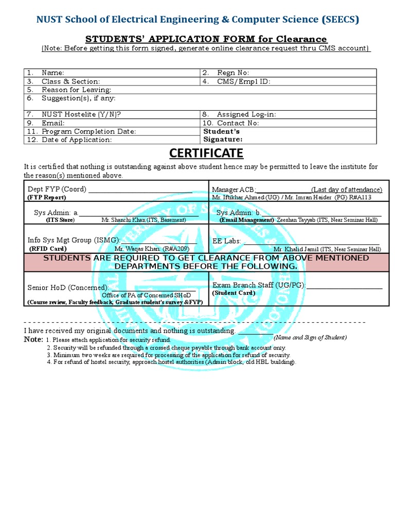 Student Clearance Certificate (2019) PDF Computing And Information