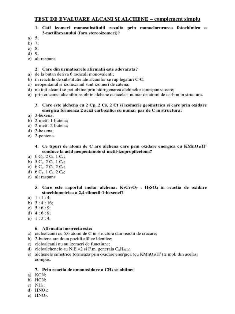 Test - Alcani Si Alchene | PDF